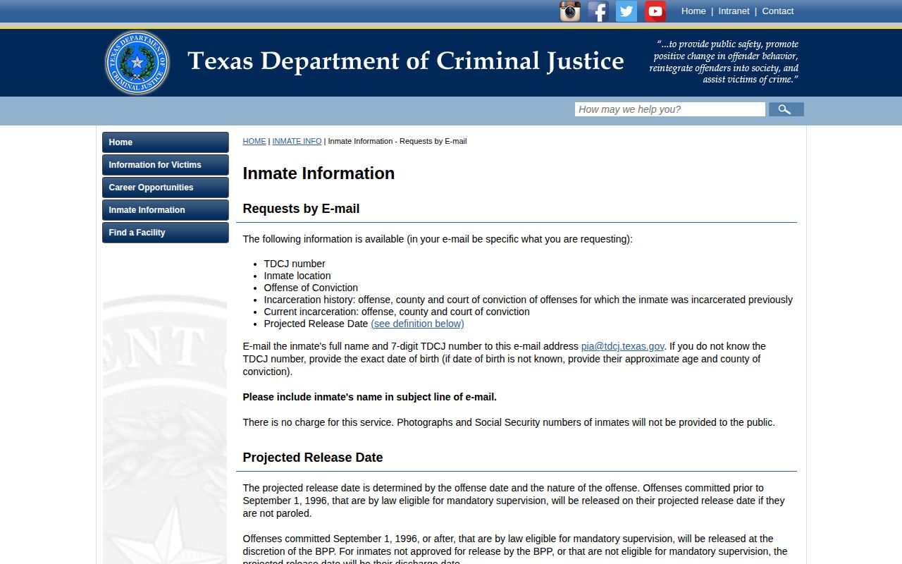 TDCJ email information page stating the public history route excludes photographs